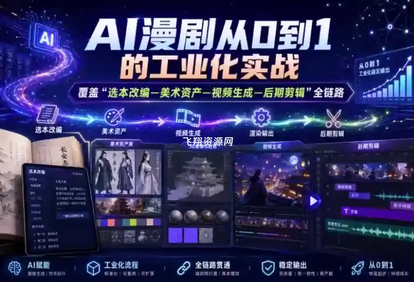 AI漫剧从0到1的工业化实战,覆盖“选本改编—美术资产—视频生成—后期剪辑”全链路课程